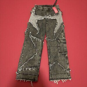 Romwe Women's Sz M wide leg Cargo Jeans Star Fringe Distressed Baggy Raw Hem